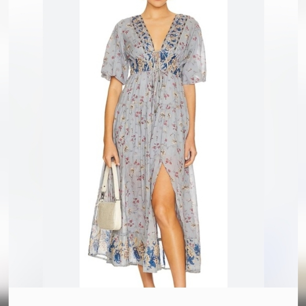 Free People Pale Blue Floral Maxi Dress with Navy Embroidered Trim